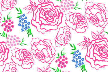 Floral seamless background pattern with roses, spring - summer season. Vector illustration for textile, wrapping paper, wallpaper, сurtains.
