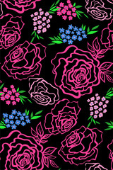 Floral seamless background pattern with roses, spring - summer season. Vector illustration for textile, wrapping paper, wallpaper, сurtains.
