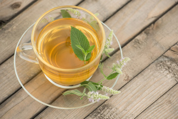 A glass mug with with golden tea with leaves and mint flowers stands on a saucer and on a wooden table in summer