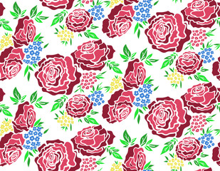 Floral seamless background pattern with roses, spring - summer season. Vector illustration for textile, wrapping paper, wallpaper, сurtains.