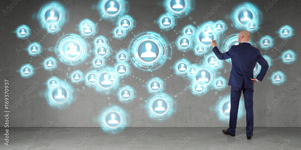 Poster Businessman using social network interface on a wall 3D rendering