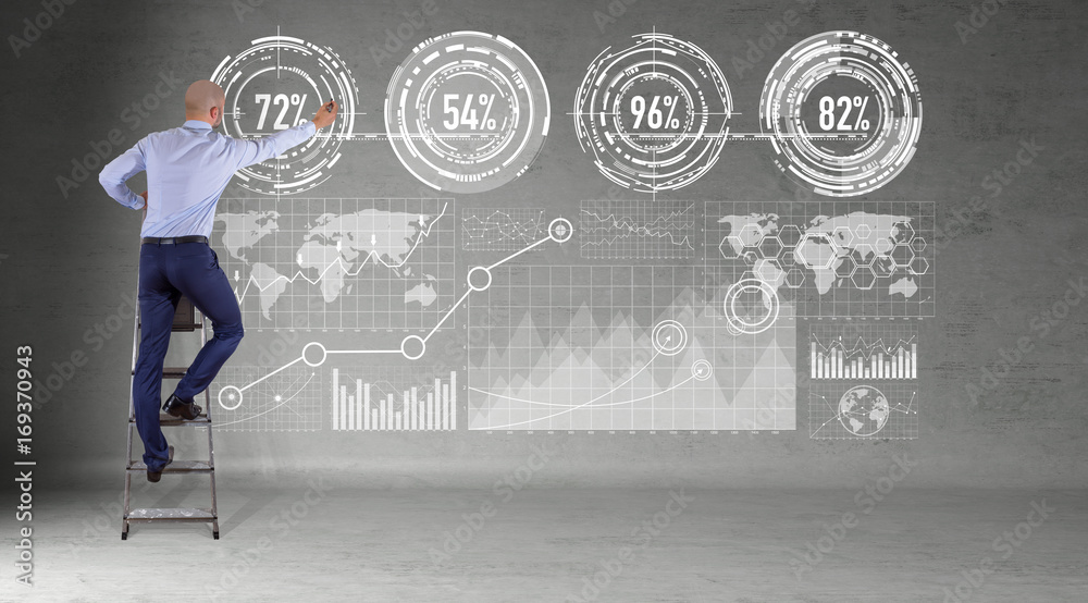 Poster Businessman using graph screens interface on a wall 3D rendering