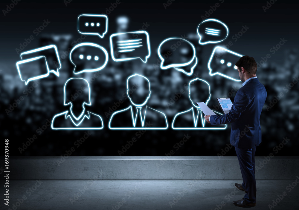 Poster businessman watching discussion icons sketch on a rooftop 3d rendering