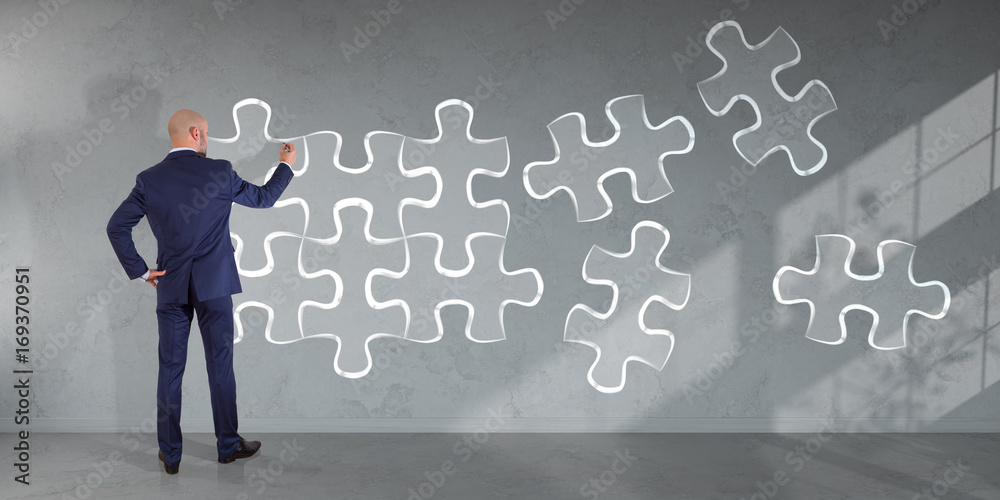 Poster Businessman searching puzzle solution on a wall 3D rendering