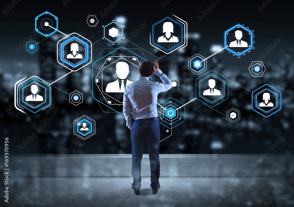 Aufkleber businessman watching social network interface on a rooftop 3d rendering