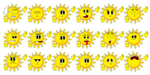 Cartoon sun with waving hands. Collection with sad faces. Expressions vector set.