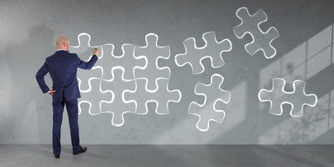 Businessman searching puzzle solution on a wall 3D rendering