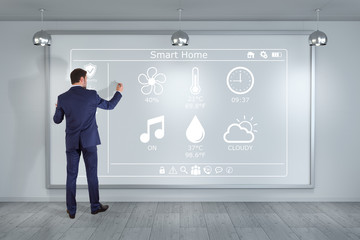 Businessman using smarthome interface on a board 3D rendering