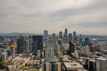 Aerial view of downtown Seattle and buildings on a hazy day