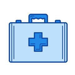 First aid kit vector line icon isolated on white background. First aid kit line icon for infographic, website or app. Blue icon designed on a grid system.