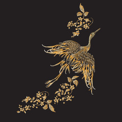 Embroidery floral pattern with gold crane. Vector embroidered elements for clothing design. - 169372725