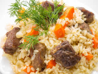 pilaf with meat on a white plate