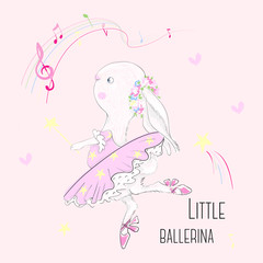Cute dancer bunny with slogan. Vector baby illustration with ballerina for fashion apparels, t shirt, stickers and printed tee design.