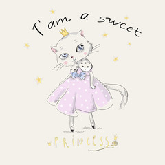 Cute princess cat with slogan and stars. Vector baby patch for fashion apparels, t shirt, stickers and printed tee design.