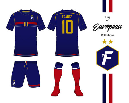 France football national team uniform. Soccer jersey or football kit template. Football logo in flat design. Front and rear view soccer t-shirt mock up. Vector Illustration. 