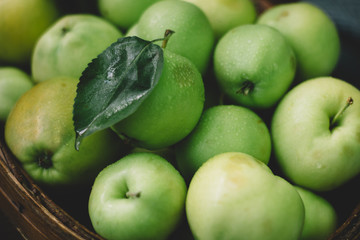 fresh garden apples with dew drops in the basket. top view.