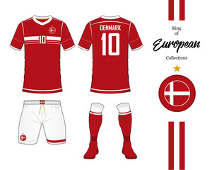 Fototapeta premium Denmark football national team uniform. Soccer jersey or football kit template. Football logo in flat design. Front and rear view soccer t-shirt mock up. Vector Illustration. 