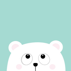 Polar white little small bear cub head face looking up. Big eyes. Cute cartoon baby character. Arctic animal collection. Flat design Winter blue background Isolated.