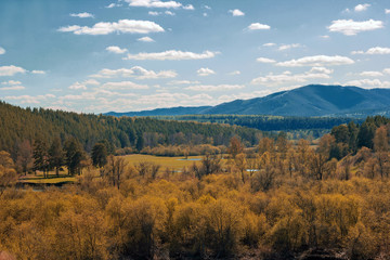Fototapeta na wymiar landscape with the Ural mountains and autumn forest on a sunny day