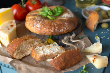 Food assortment - bread, cheese, tomato