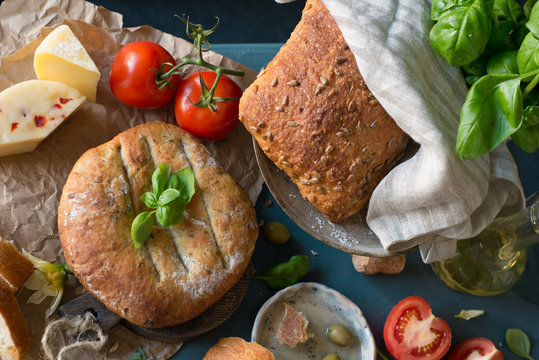 Food assortment - bread, cheese, tomato