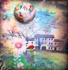 Antica fattoria in un paesaggio rurale e fantastico con fiori fiabeschi e surreali © Rosario Rizzo