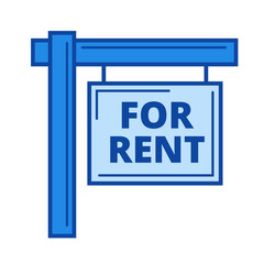 For rent sign vector line icon isolated on white background. For rent sign line icon for infographic, website or app. Blue icon designed on a grid system.
