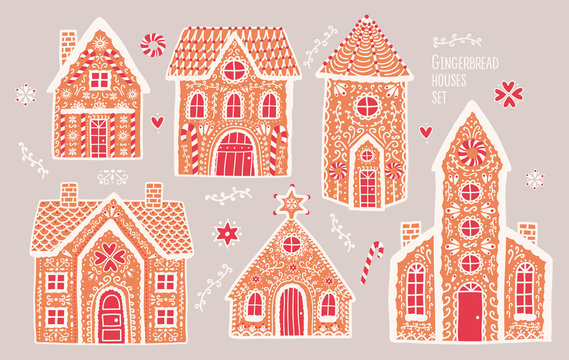 Gingerbread houses set. Cute hand drawn honey-cakes with patterns. Colorful vector illustrations collection.