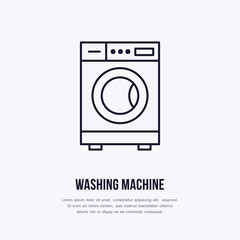 Washing machine icon, washer line logo. Flat sign for launderette service. Logotype for self-service laundry, clothing cleaning business or household appliances shop.