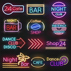 Vintage cafe and night club roadside neon signs vector set