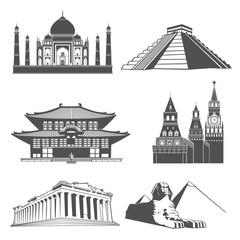 Travel silhouette landmarks with famous world monuments vector set