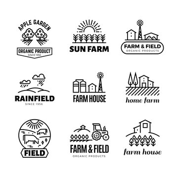 Retro farm and organic products vector emblems and logos. Vintage line farming labels