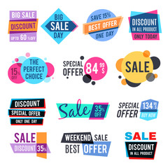 Fashion design pricing tags and discount labels vector templates with color multiply effect