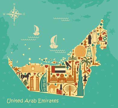 Map of United Arab Emirates consisting of the traditional symbols of Dubai