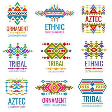Vintage american indian vector logo set. Business brand identity in tribal mexican style