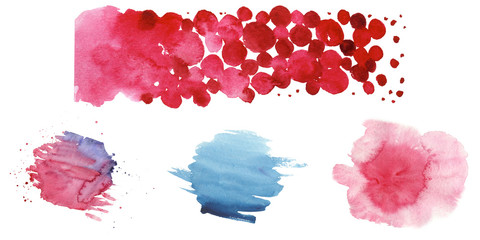 Watercolor colorful texture illustration. Aquarelle paper splash shapes isolated drawing. Abstract aquarelle for background, texture, wrapper pattern, frame or border.