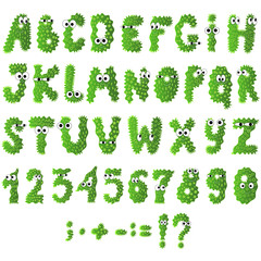 Cartoon flat monsters alphabet icons. Green bacteria and microbes