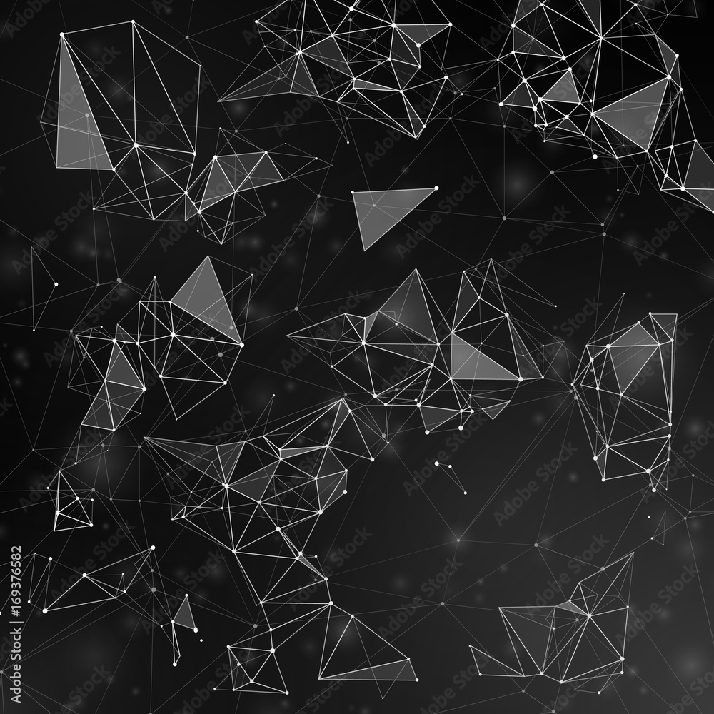 Poster fractal polygonal shapes connecting by lines with dots vector background