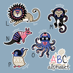 Set of cute patch badges with animals alphabet L - P