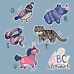 Set of cute patch badges with animals alphabet Q - U