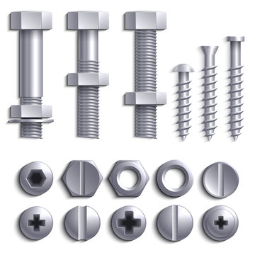 Metal screws, steel bolts, nuts, nails and rivets isolated on white vector set