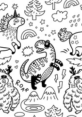 Ink fantasy wallpaper in childish style with unicorn, yeti, dino