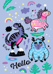 Adorable wallpaper in the childish style with unicorn, yeti, dino