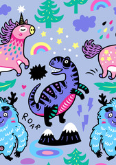Adorable wallpaper in the childish style with unicorn, yeti, dino