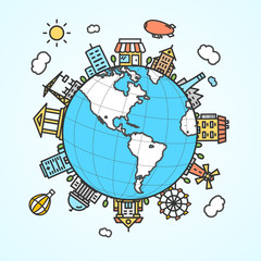 Naklejka premium Globe and Building Around. Vector