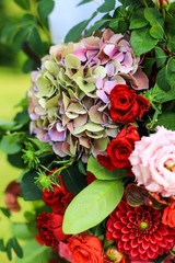 Wedding decoration - beautiful hydrangea and roses in a wedding bouquet