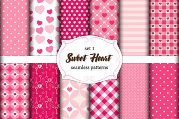 Cute set of scandinavian Sweet Heart seamless patterns with fabric textures