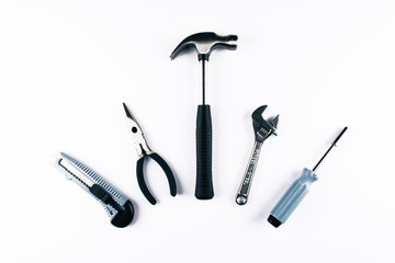 Set of various tools on white background.