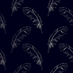 Seamless pattern silver hand-drawn feathers on a dark background. Vector