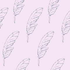 Seamless pattern blue hand-drawn feathers on a bright background. Vector